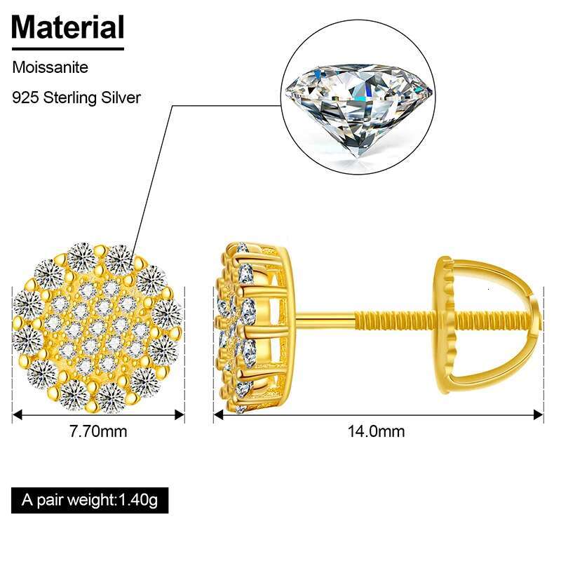 Real Sterg Sier Round Cut D Color Moissanite Halo Stud Earrings For Women Hip Hop Jewelry Passed Dia Test