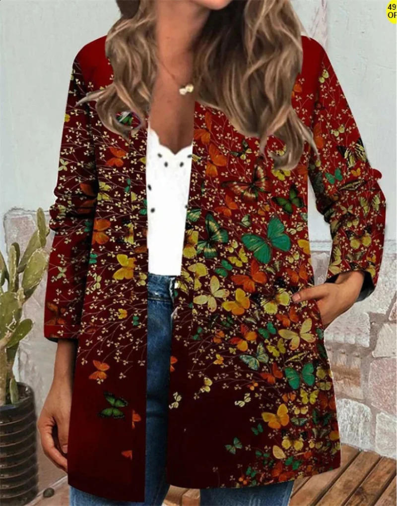Retro ethnic style printed side pocket jacket for womens autumn Oneck long sleeved comfortable and casual cardigan 250228