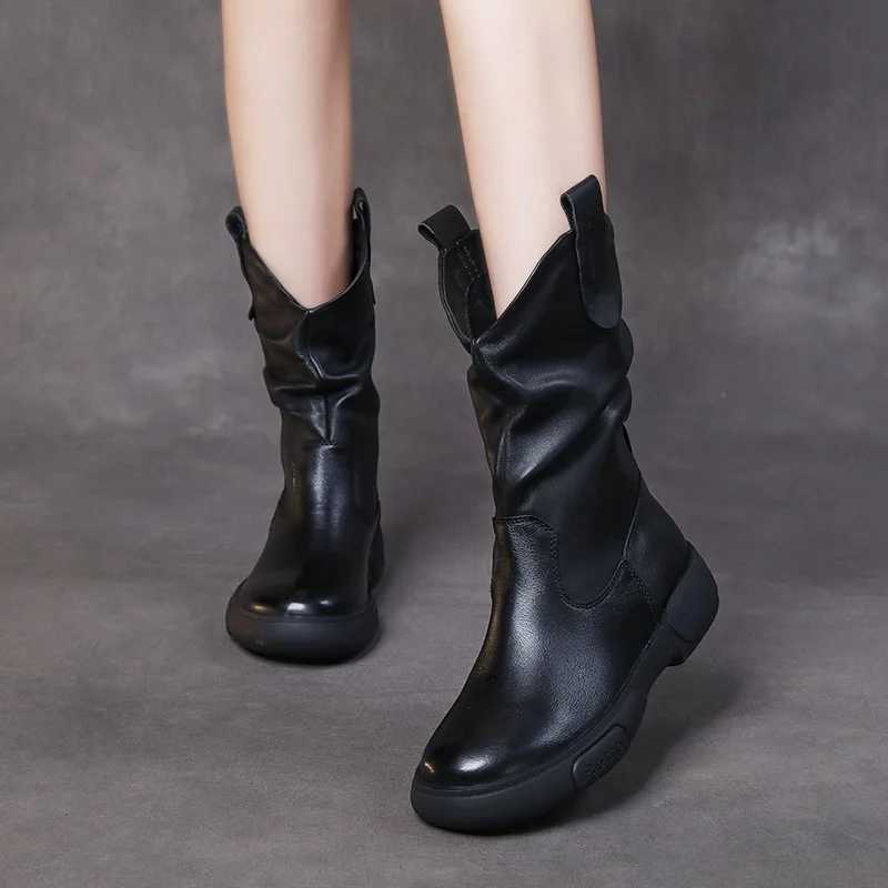 DRKANOL Luxury Genuine Leather Mid-Calf Boots Women Genuine Leather Waterproof Rubber Sole Non-Slip Street Style Slip-On boots Z250303