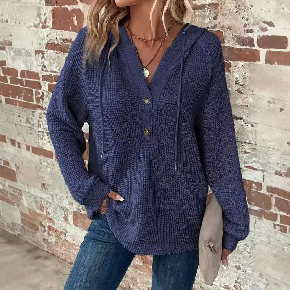 Women's Waffle Grid Knitting Hoodie V-Neck Long Sleeves Pullover Casual Sweatshirt