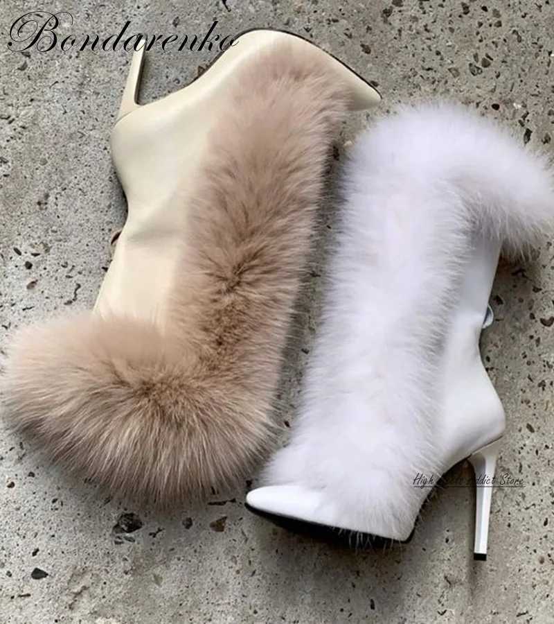 WhiteBeige Fur Mid Calf Boots Women High Heels Pointed Toe 2024 New in Winter Warm Boot Luxury Designer Big Size Sexy Shoes Z250303