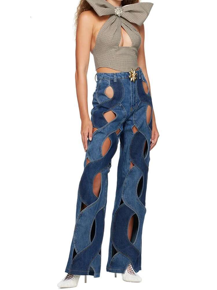 TWOTWINSTYLE Hollow Out Chic Jeans For Women High Waist Patchwork Ral Temperament Vintage Jean Female Fashion Style Clothing