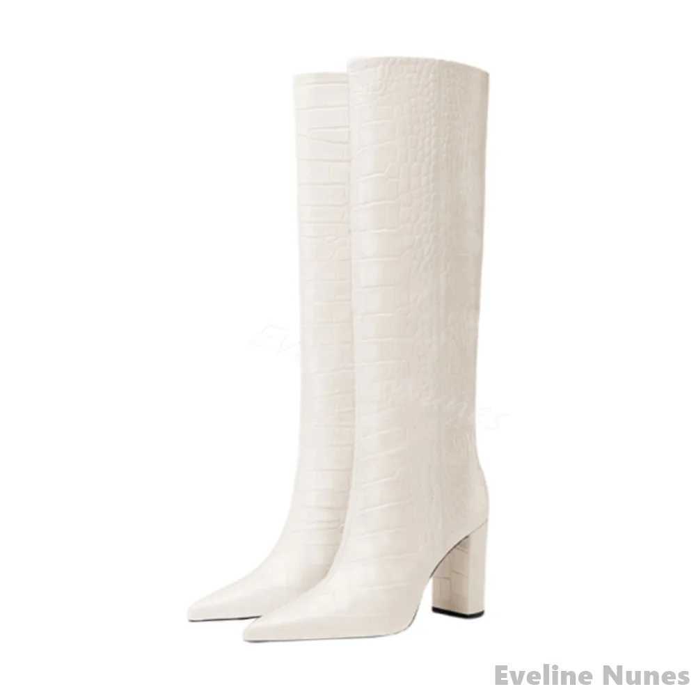 Luxury Crocodile Pattern Boots Women Pointed Toe Chunky Heel Slip On Leather Knee High Boots 2024 New Fashion Design Black Boots Z250303