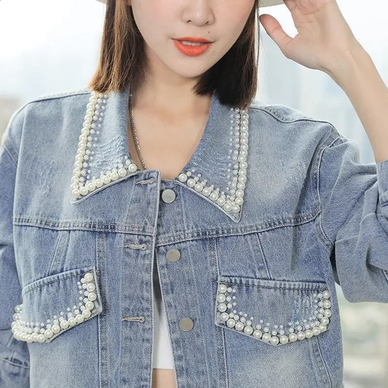 Trendy LooseFit Denim Jacket For Women Spring Autumn Style Korean Version Petite Cropped Pearl Clip 250228