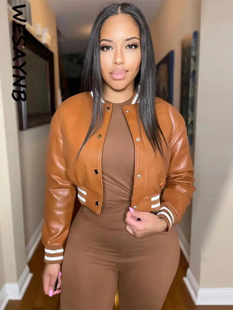 Patchwork Baseball Fashion Fall Pu Leather Jackets For Women Button Black Crop Top Coats Varsity Bomber 250228