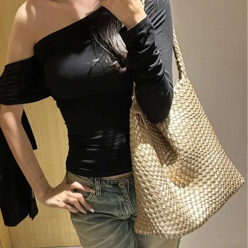 Champagne Woven Tote For Women With Large Capacity And High-End Feel, Hand-Held Bill Of Lading Shoulder Bucket Bag