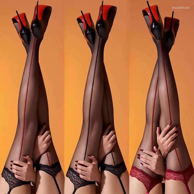 Women Socks Oil Shiny Contrast Color Lace Top Cuban Heel Back Seam Thigh High Stockings With Garter Belt Sexy Open Crotch Tights
