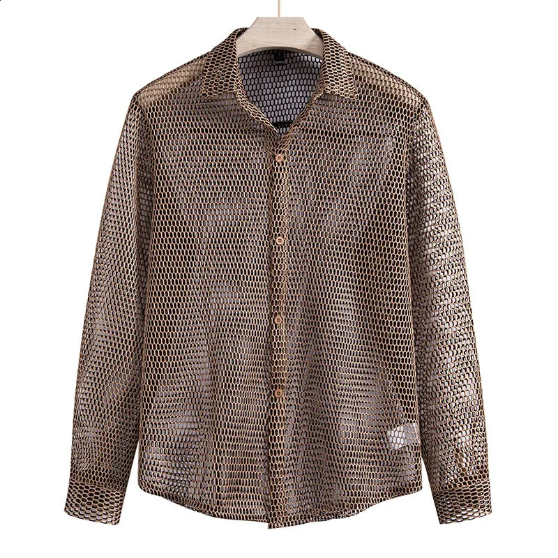 Mens Hollow Out Long Sleeve Mesh Shirt for Nightclubs Trendy SInger Stage Party Wear 250224