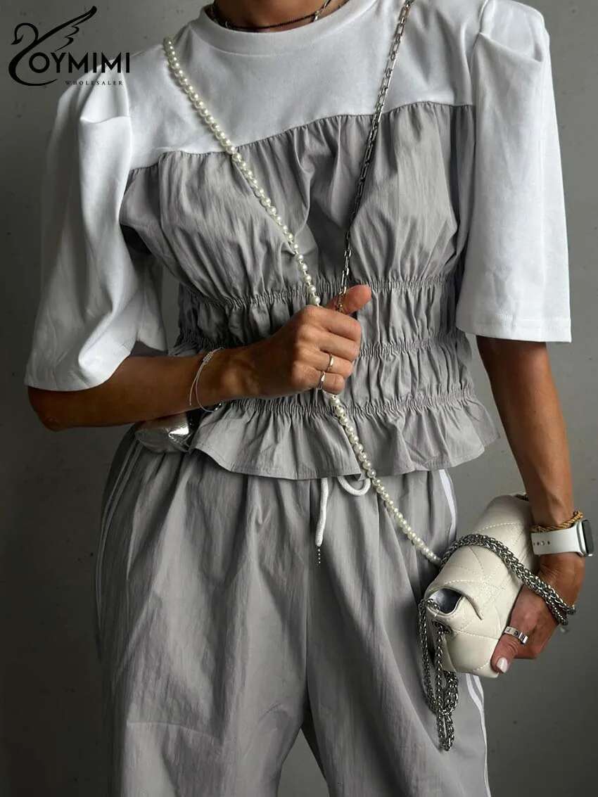 Oymimi Casual Grey Patchwork For Women 2 Pieces Fashion O-Neck Short Sleeve Blouses And Drawstring Straight Trousers Sets