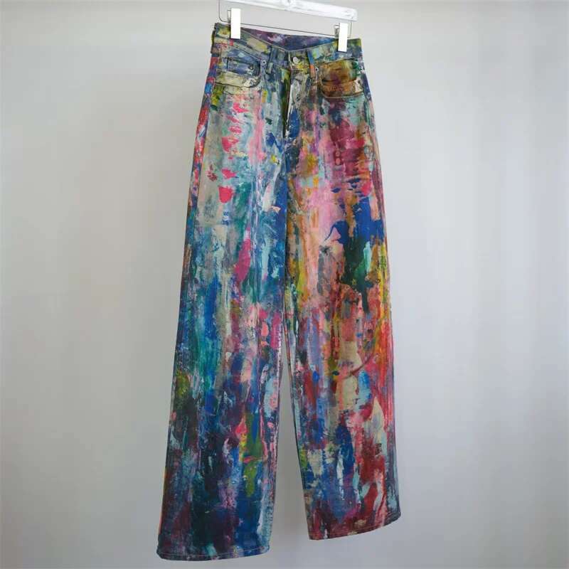 2025 Spring New In Painted Graffiti Women's Jeans Couple Style Loose Straight Y2k Cotton Wide Leg Pants