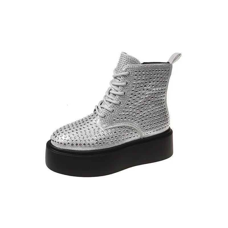 Rock Shoes Womens Zipper Flat Shoes Boots Womens Crystal Round Toes Luxury Designer Mid calf 2024 Rhinestone High Heels Lolita Z250303