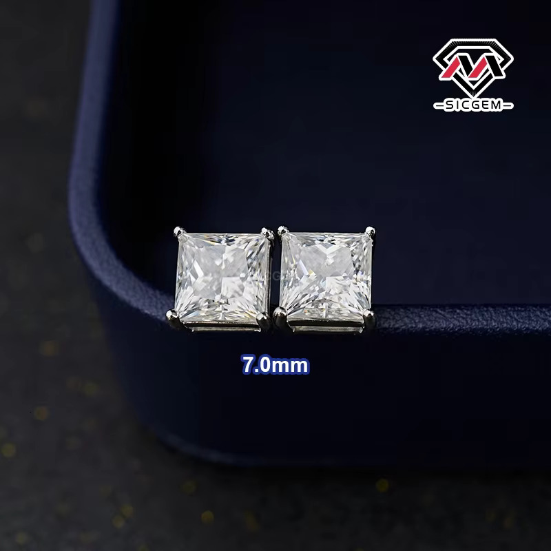 "Wholesale Sier Princess Square Moissanite Earrings in 3.0mm 4.5mm 5.5mm 7.0mm 8.0mm with Gift Box"