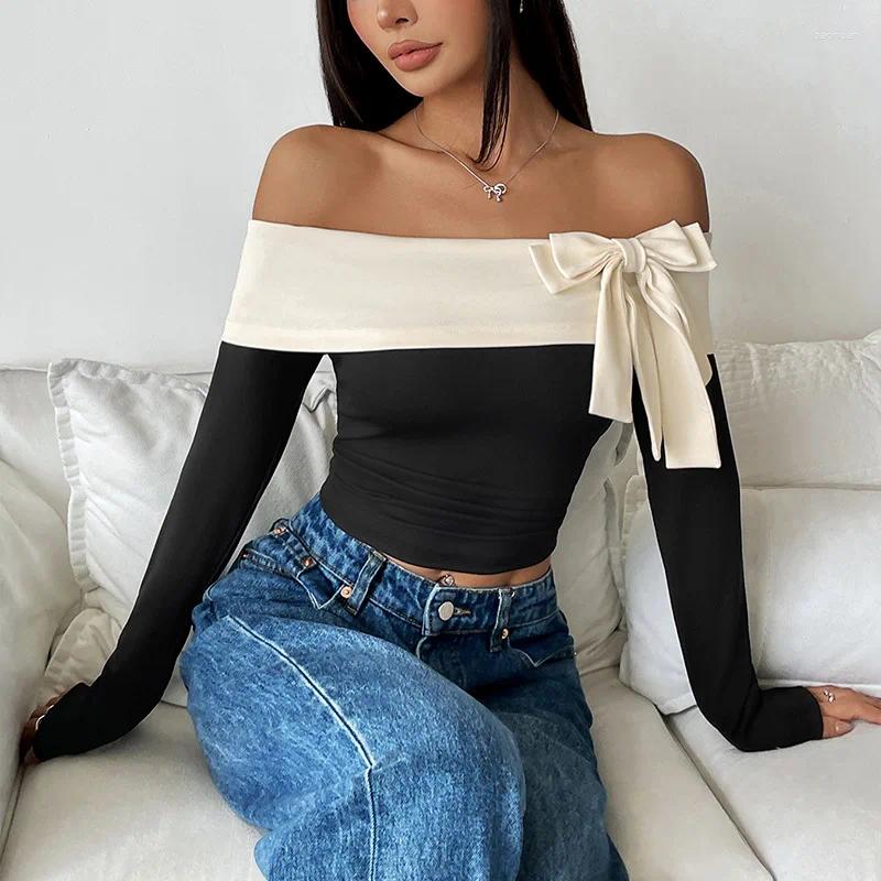 Women's T Shirts Off-Shoulder One-Shoulder Neck Bow T-Shirt 2025 European And American Top For Women