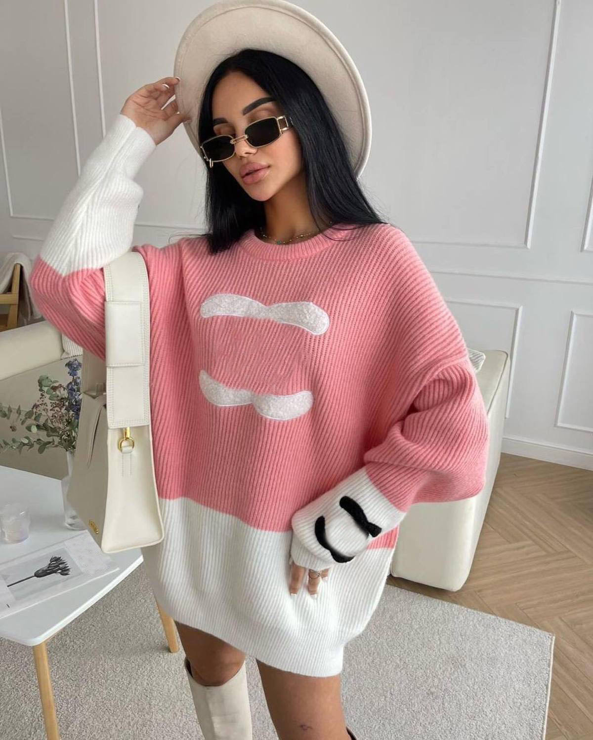 Fashion Woolen Sweater Women's Casual Loose Knitted Sweater Short Mini Dress Warm Coat Letter Brand Round Neck Pullover