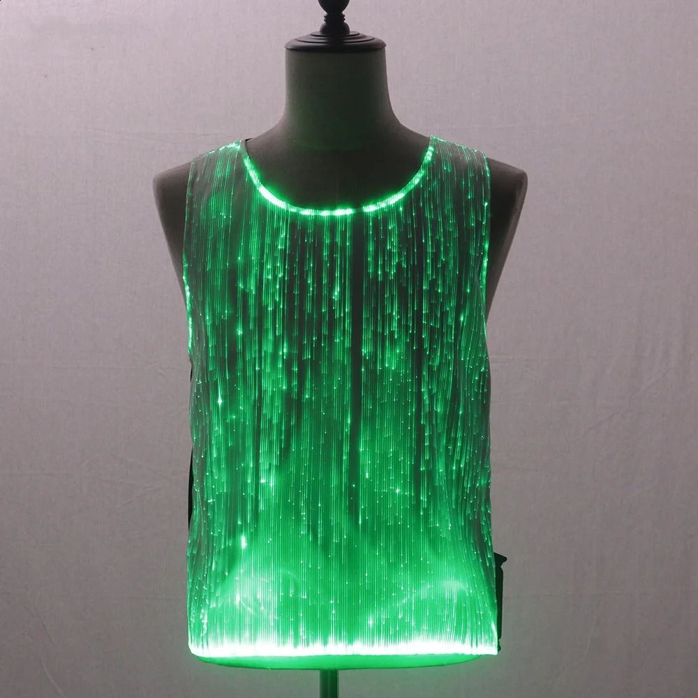 Summer Men Colorful LED Luminous Night Club T Shirts Y2K High Street Sleeveless Vest Optical Fiber Fabric Patchwork Tops 250226