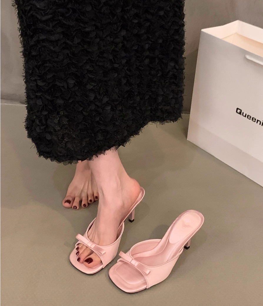 new free shipping designer sandals for womens Fine heeled sandals pink black sliver leopard print Summer new square headed fairy bow high-heeled slipp