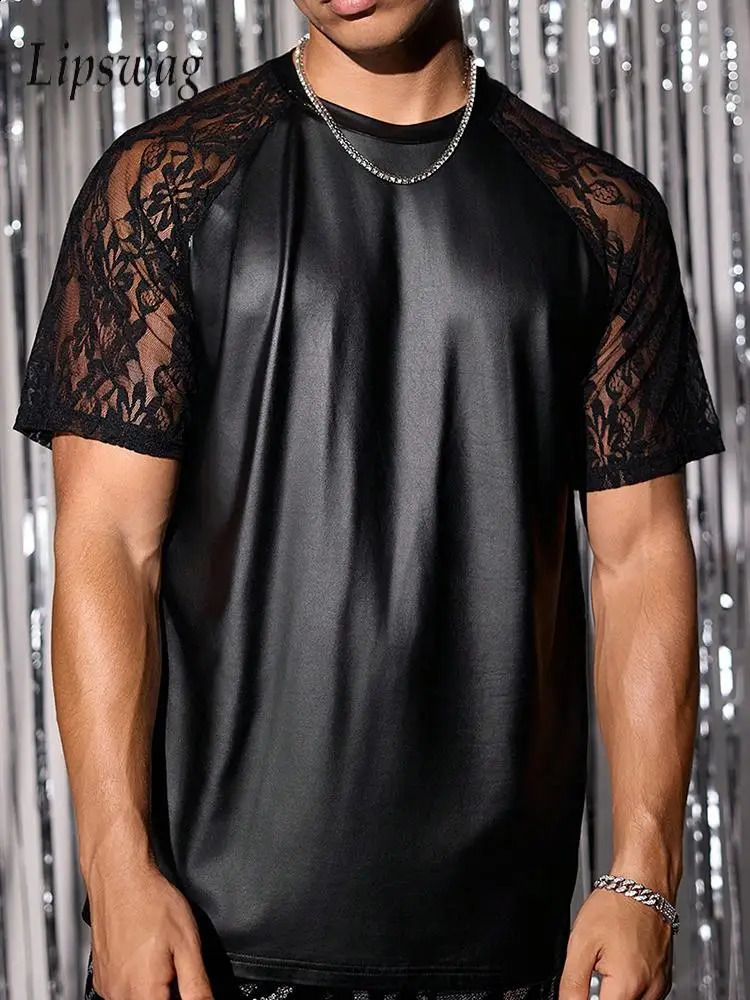 Nightclub Mens Leather T Shirts Sexy Florals Embroidery Mesh Short Sleeve T-shirt Men Spring Summer Trendy Patchwork O Neck Tee 250224