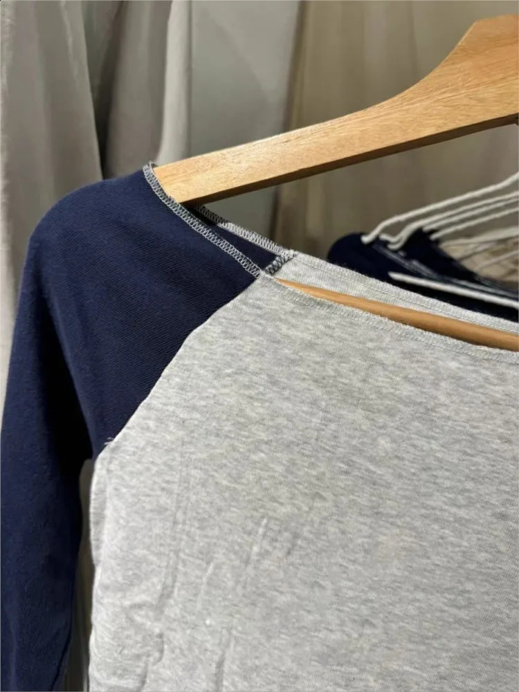 patch work long sleeved T-shirt womens spring slanted neck cotton ultra-thin T-shirt womens sweet street retro T-shirt top Y2K 250303