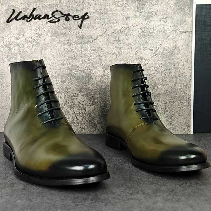 Luxury Men Ankle Boots Shoes Green Hand Polishing Lace Up Oxford Boots Casual Dress Man Genuine Leather Boots Men Z250303