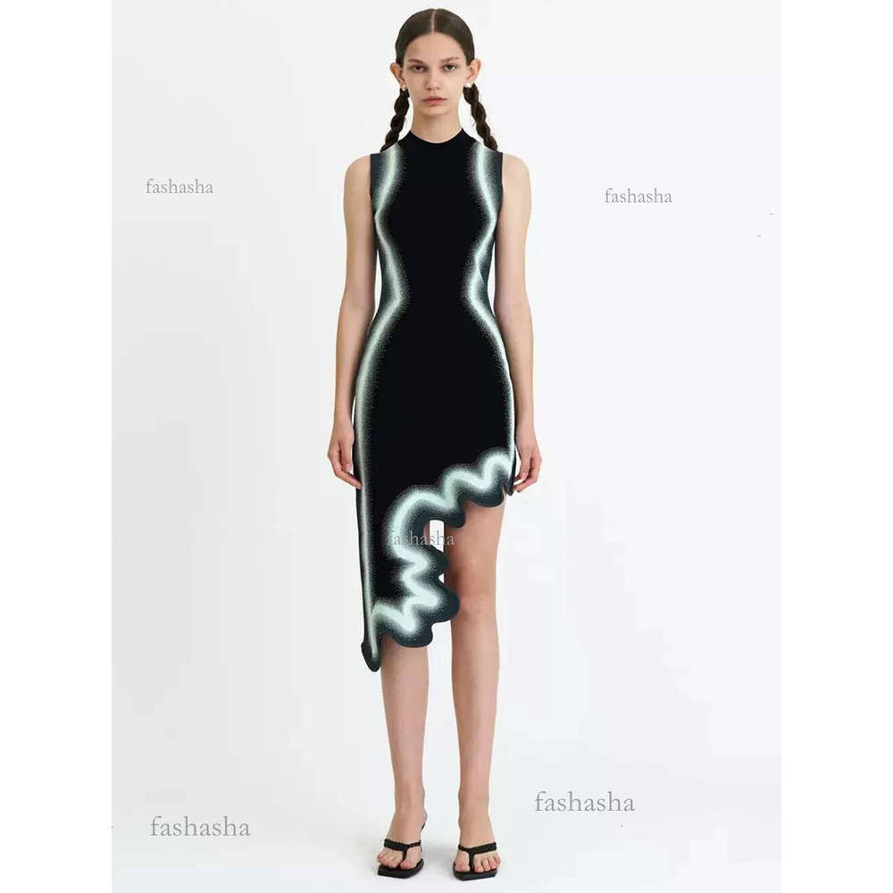 2024 Asymmetrical Modphy Wavy Hem Round Collar Devise Tie Dyeing Printing Pink Knit Sleeveless Dresses Female Knitting Vestido 2