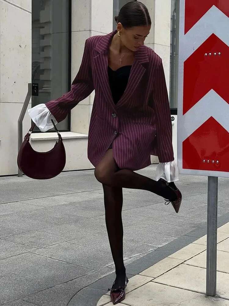 Ruffle Patchwork Striped Women's Blazer Fashion Loose Wine Red Long Sleeve Single Breasted Suit Jacket Elegant Streetwear
