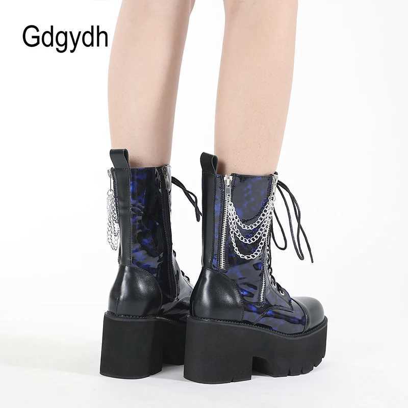 Gdgydh Blue Chunky Platform Boots Women Mid Calf Combat Boots Chains Metal Decoration Gothic Rave Shoes Cosplay Accessories Goth Z250303
