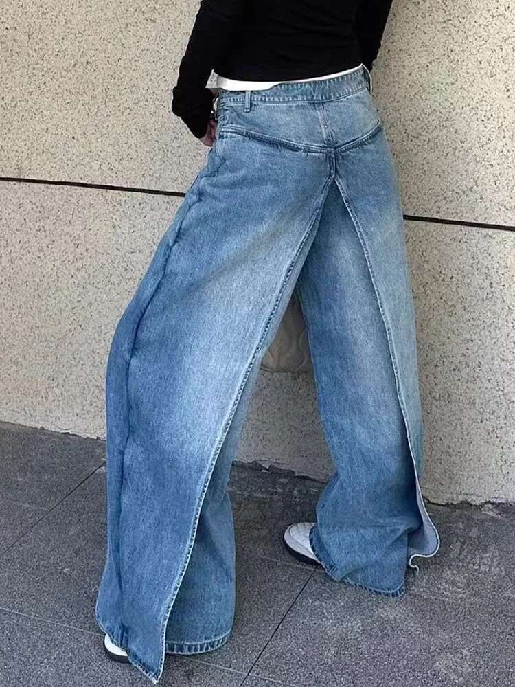 Spliced Design Women Hip Hop Baggy Wide Leg Denim Pants Trendy Vintage High Waist Fake Two-Piece Jeans Trousers