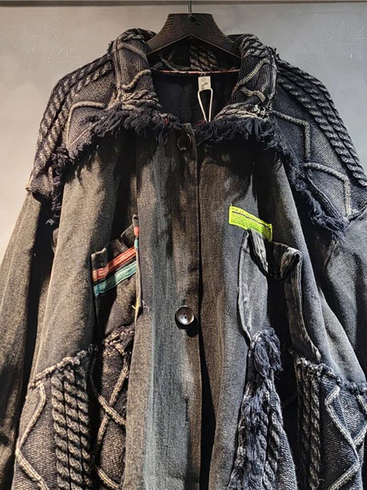 DEAT Women's Denim Coat Patchwork Knitted Washed Black Gery Irregular Do Old Loose Jackets 2025 Spring New Fashion 29L8172