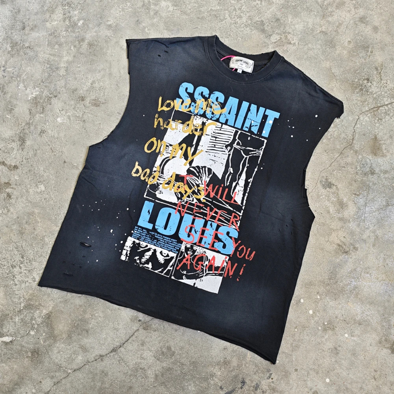 Fashion Vintage Streetwear Oversize Tops Vest Y2k Harajuku Tee Retro HipHop T Shirt For Men