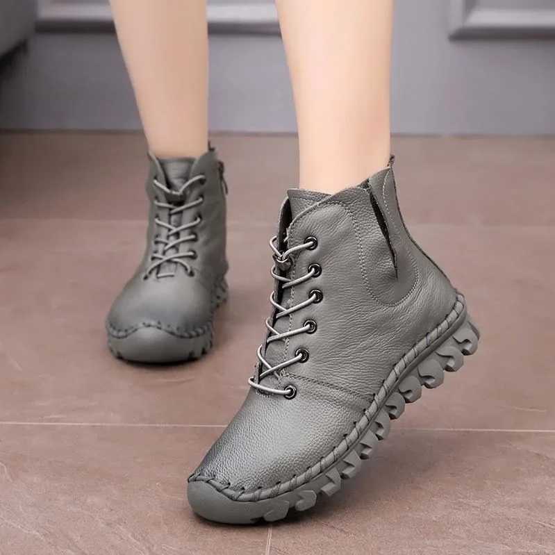 Lace-up Genuine Leather Women Boots A518 Fashion Casual Low Tube Round Toe Real Leather Shoes Winter Shoes Warm Thick Z250303