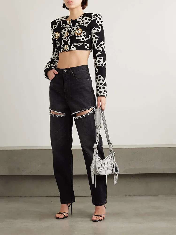 TWOTWINSTYLE Solid Patchwork Dias Denim Pants For Women High Waist Hollow Out Designer Wide Leg Jeans Female Fashion