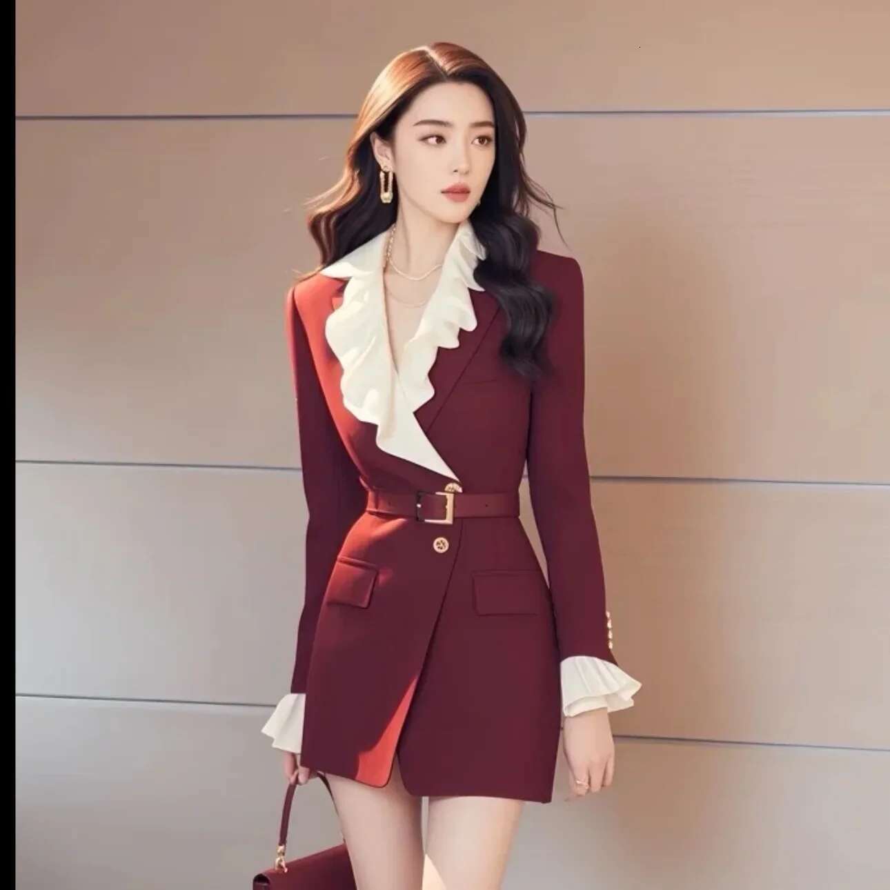Autumn Formal Ocn High End French Style Long Sleeved Spliced Ruffle Waist Slimming Short Suit Dress For Women