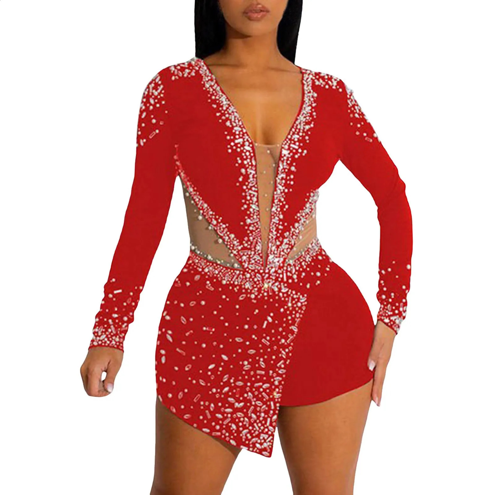 Sexy bodysuit with mesh stitching rhinestone deep Vneck long sleeved top sequined glitter nightclub party jumpsuit 250228