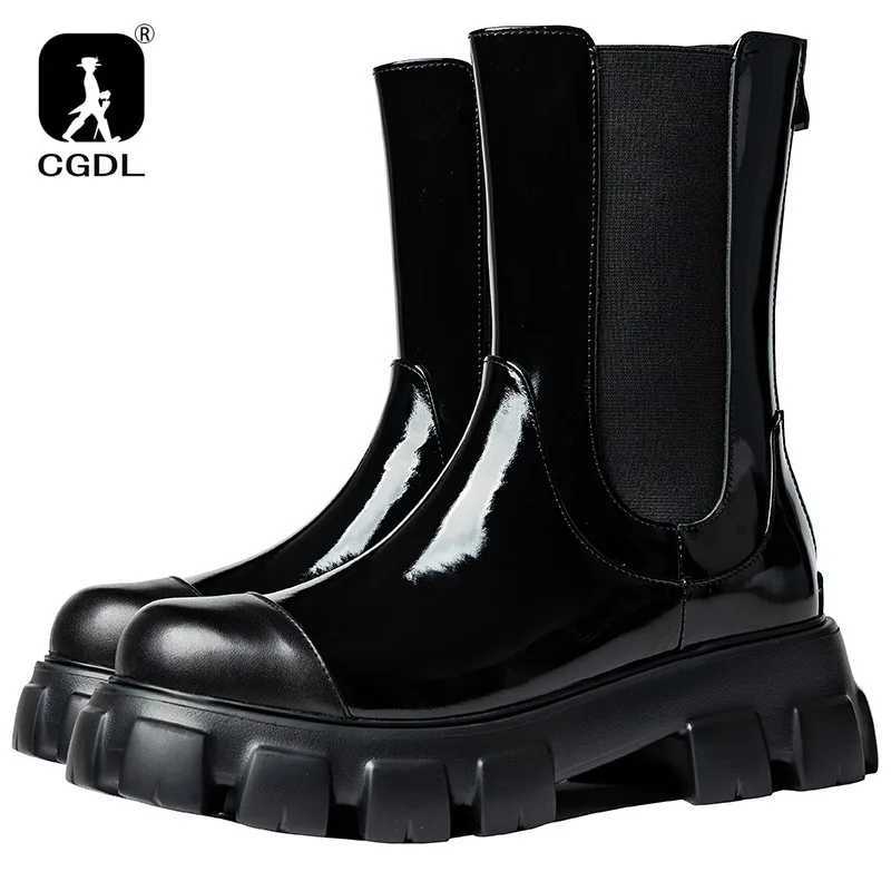 Luxury patent leather mens Chelsea boots thick soled platform leather ankle boots casual knight shoes motorcycle boots Z250303