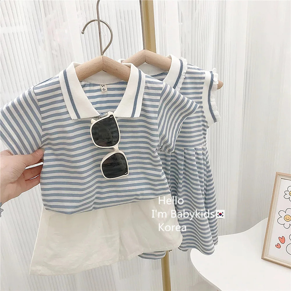 Boys and Girls Summer Clothes Striped Short Sleeve Polo Dress Brother Sister Children 250221