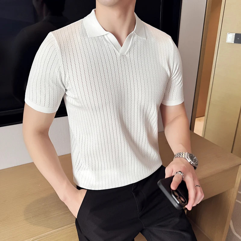 Summer Mens Polo Shirt Spring Style Hollow Breathable Short Sleeve Mens Polo Shirt Slim Fit Lapel Knitted Pullover Shirt 250226