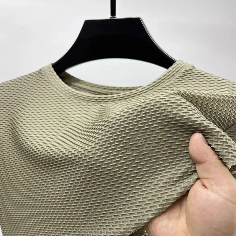 Mens High-quality Silk Hollow Short Sleeved T-shirt for Summer Fashion Leisure Breathable Cool Polo Shirt Top 250226