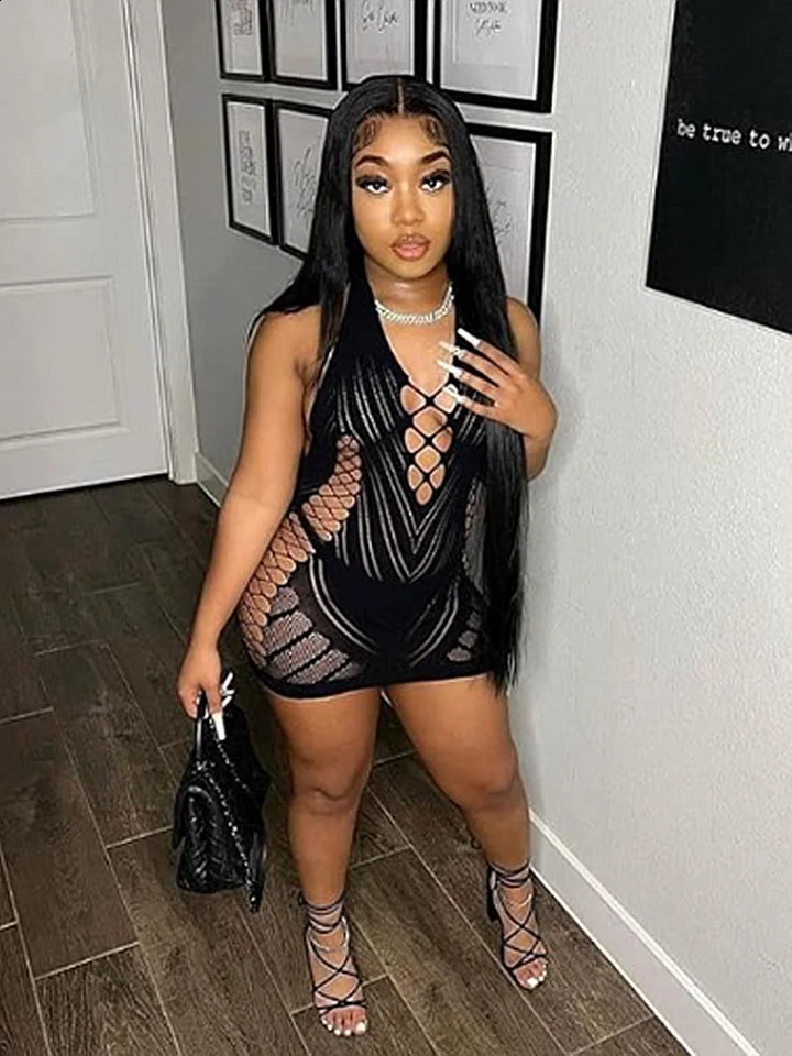 Transparent Lace Short Dress Backless Hollow Halter Nightgown Sexy Womens Pajamas Nightwear Nightdress Party Club Mini Dresses 250227Z