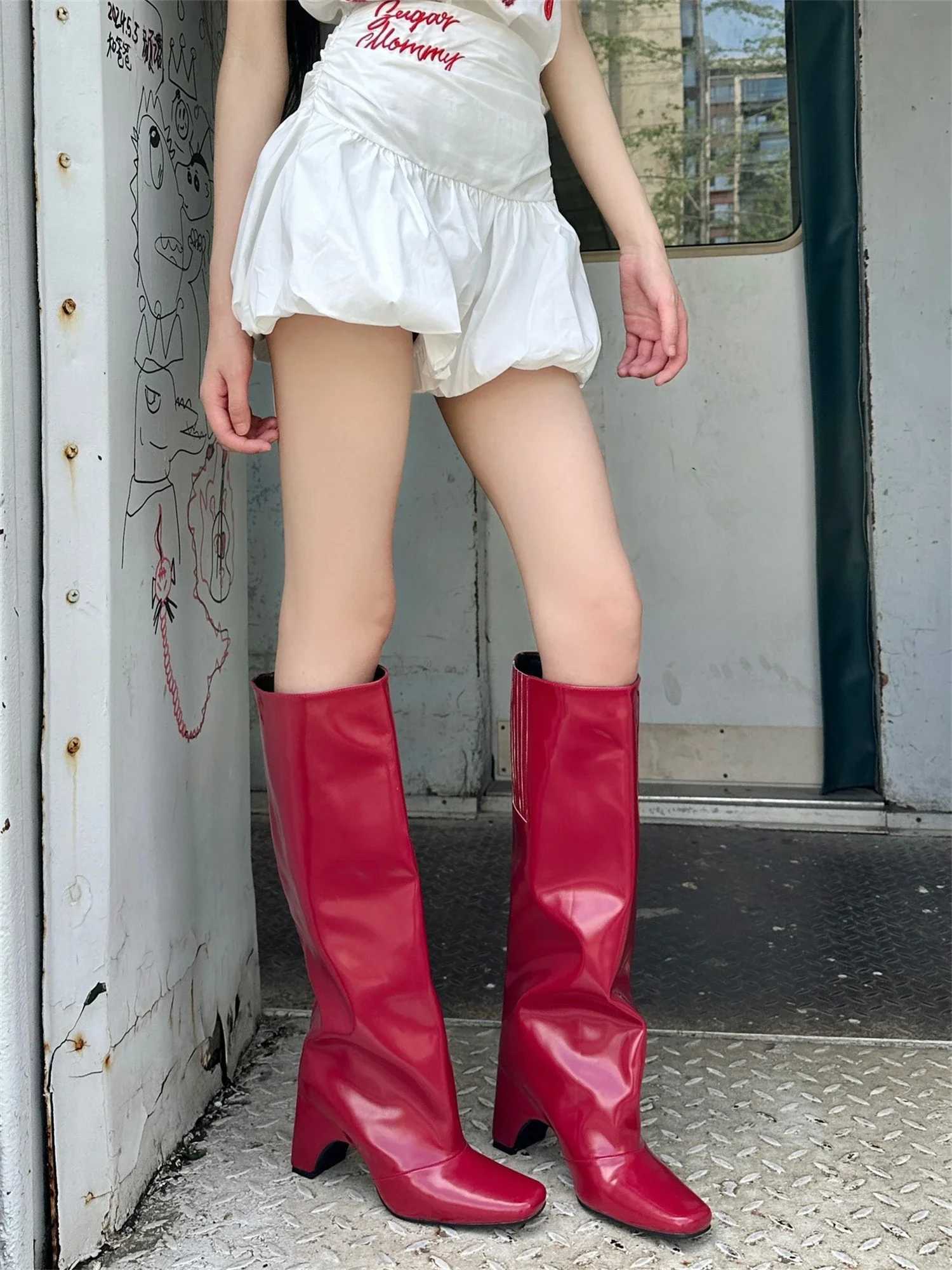 Rubber Bridge Knee High Boots Santiago Black Red White Silver Artificial Leather New Square Toes Fall Luxury Brand Womens Boots Z250303