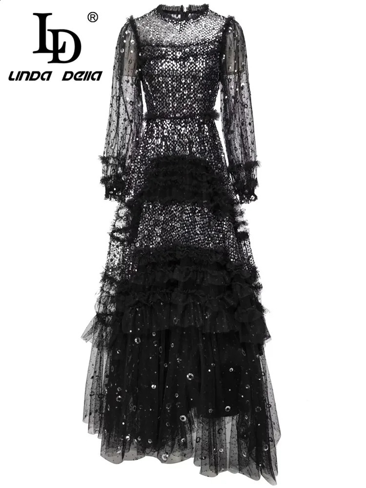 LD LINDA DELLA Style Fashion ner multicolor Dress Womens Extra large Sequins Cascading Ruffle Lace Splice Long 250228