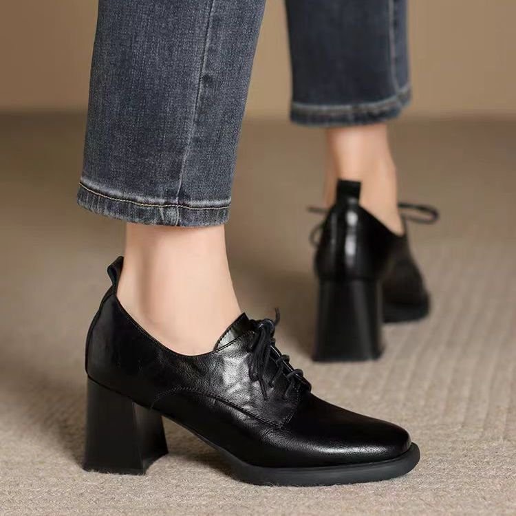 Spring 2023 Loafers Leather for Square Toe Chunky Heel Shoes Casual Black Lace-up Women New Pumps e5ac