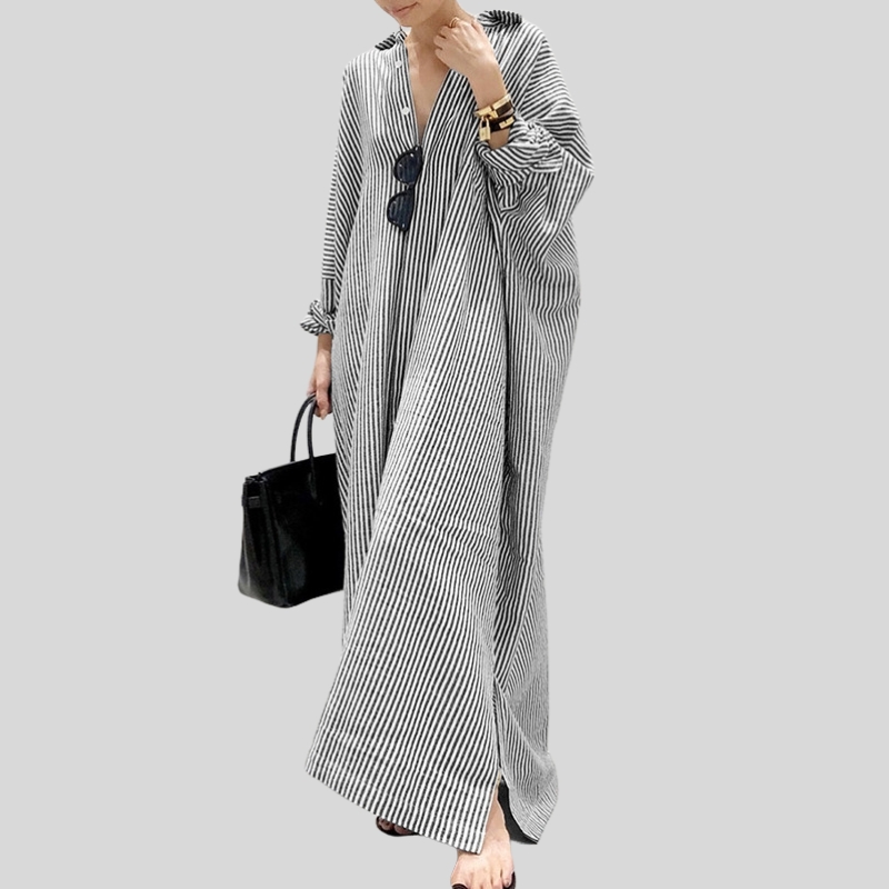 New cotton and linen striped cardigan loose large size temperament commuting irregular dress