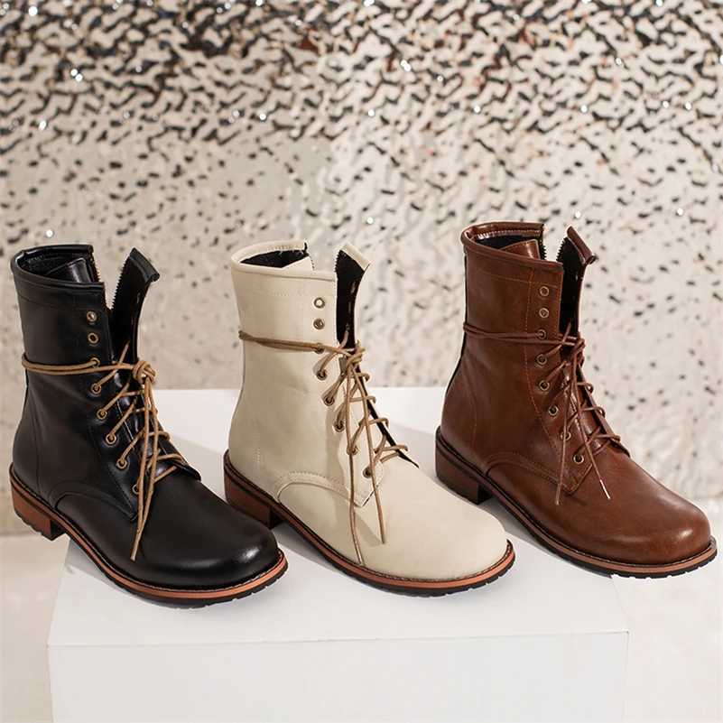 FOREADA Womens Short Ankle Boots Round Toes Flat Lace Zipper Combat Boots Womens Fashion Shoes Winter Black Beige Brown 46 Z250303