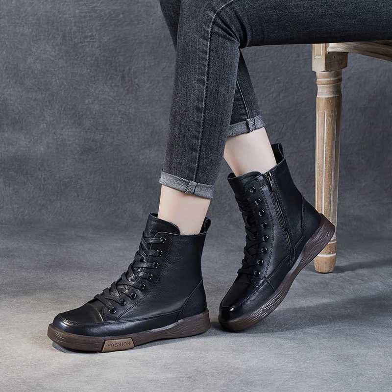 DRKANOL Women Genuine Leather Short Boots Round Toe Genuine Leather Handmade Street Style Winter Warm Flats Ankle Boots Z250303