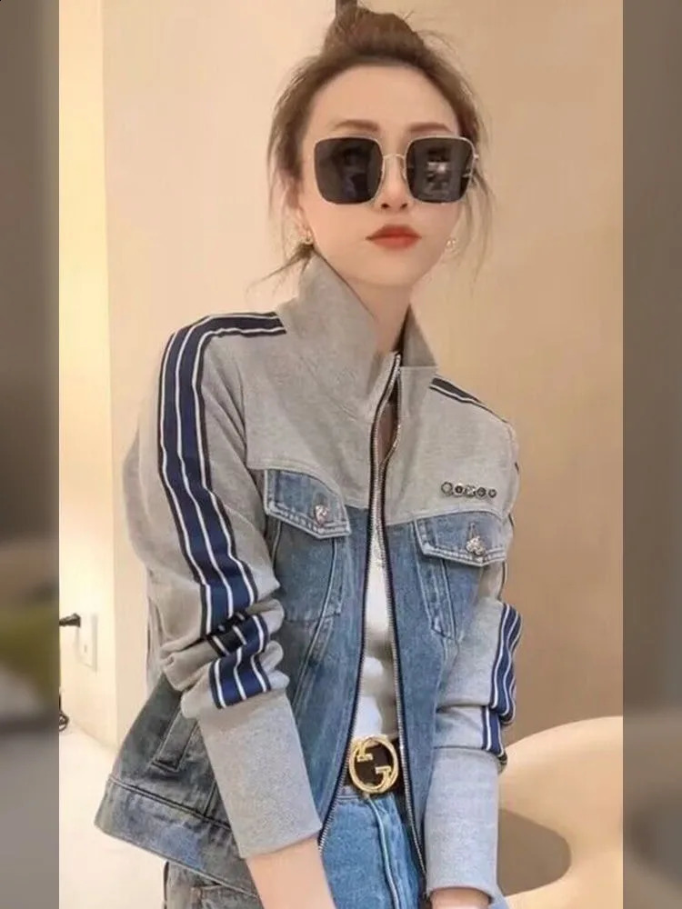 Jeans Womens Jacket Vintage Patchwork Lapel Striped Spring Thin Zipper Short Long Sleeve Tops Pockets Buttons Coats 250228