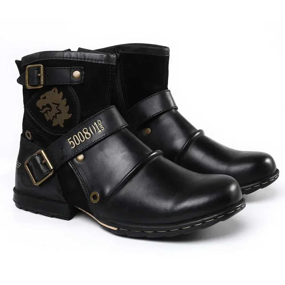 Mens Boots Luxury Handmade Men Ankle Boots Metal Buckle Zipper Motorcycle Boots Outdoor Plus Size Punk Western Cowboy Shoes Z250303