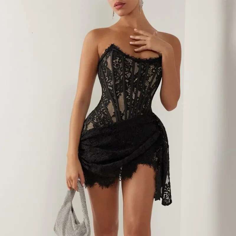 Talenza Women's Sexy Solid Color Sheer Patchwork High Waist Lace Elegant Printed Strapless Slim Evening Dress