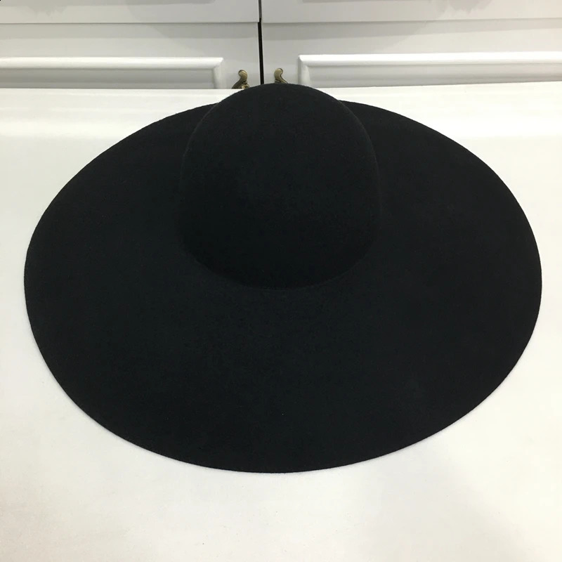 Retro Style Big Warm Wide Brim Wool Fedora Hat Black Felt Hat Bow Flat Floppy Winter Hat for Women Party Church Wedding Hat 250228
