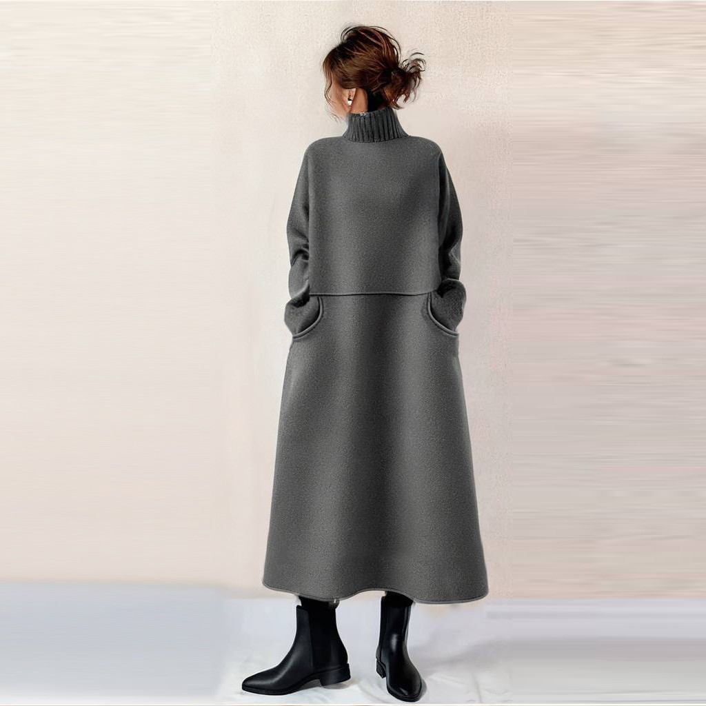 V34115J apanese style 2024 autumn new knitted high collar stitching woolen dress