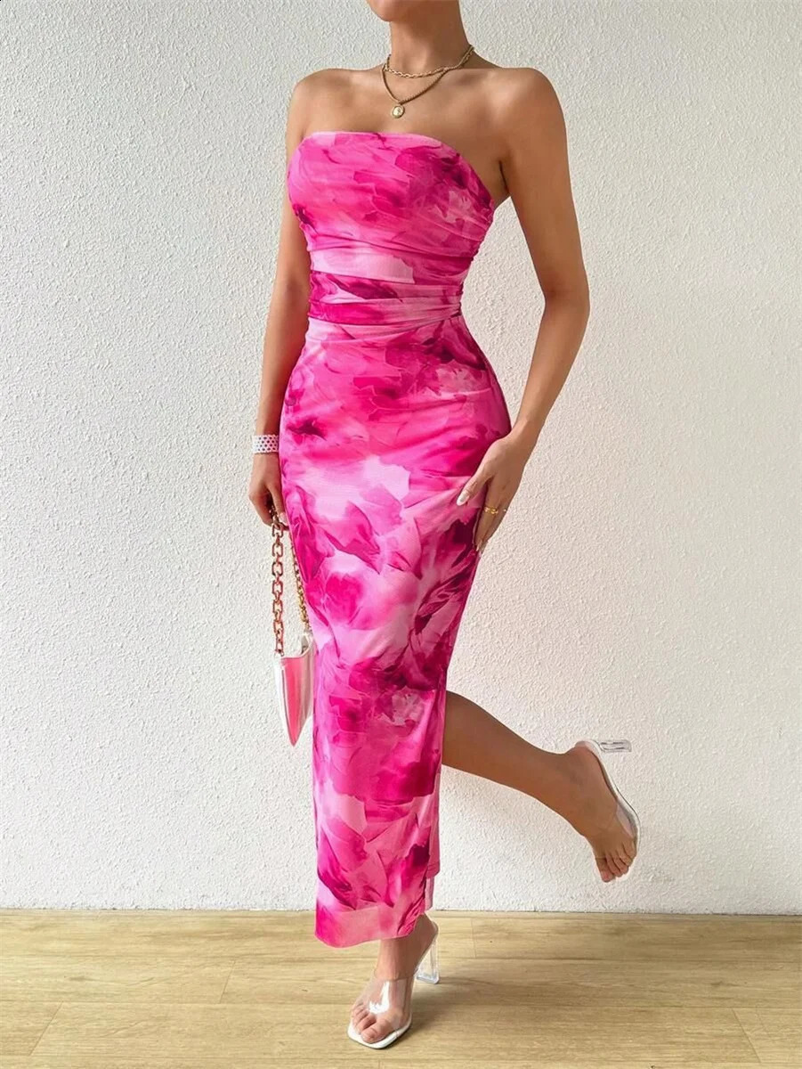 Summer Sexy Sleeveless Strapless Midi Dres Fashion Print Bodycon Party Dresses Beach Sundress Female 250303Z